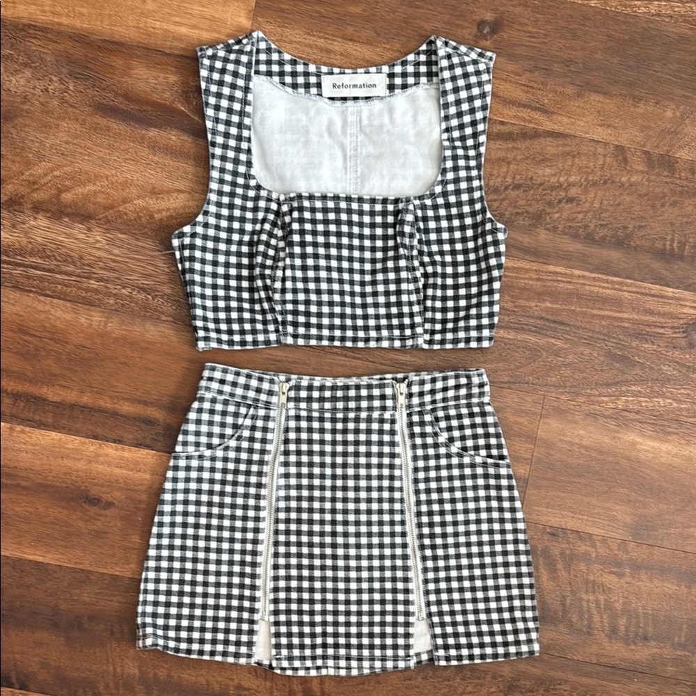 Reformation Black and White Denim Gingham Crop Top and Skirt Set